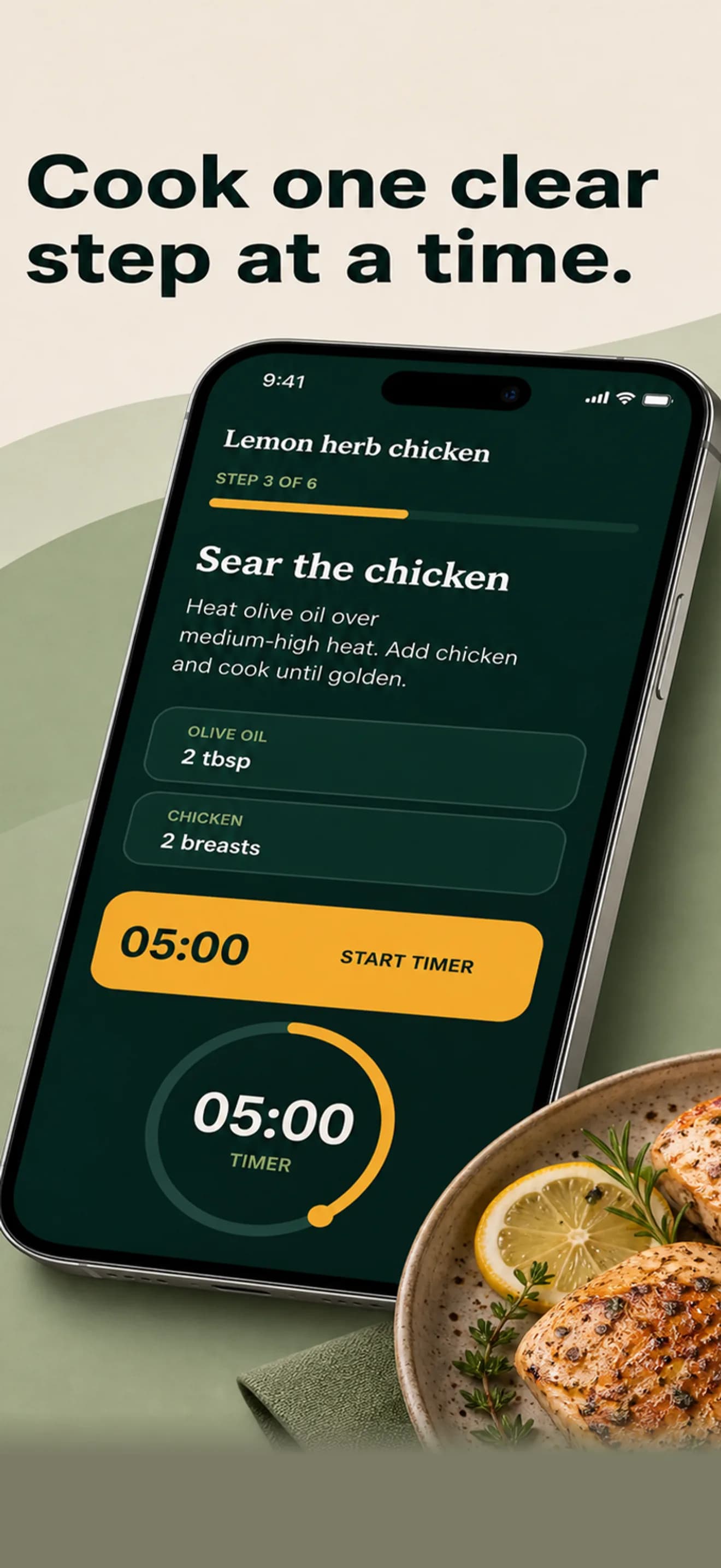 Dishloom cooking mode showing one recipe step and its timer