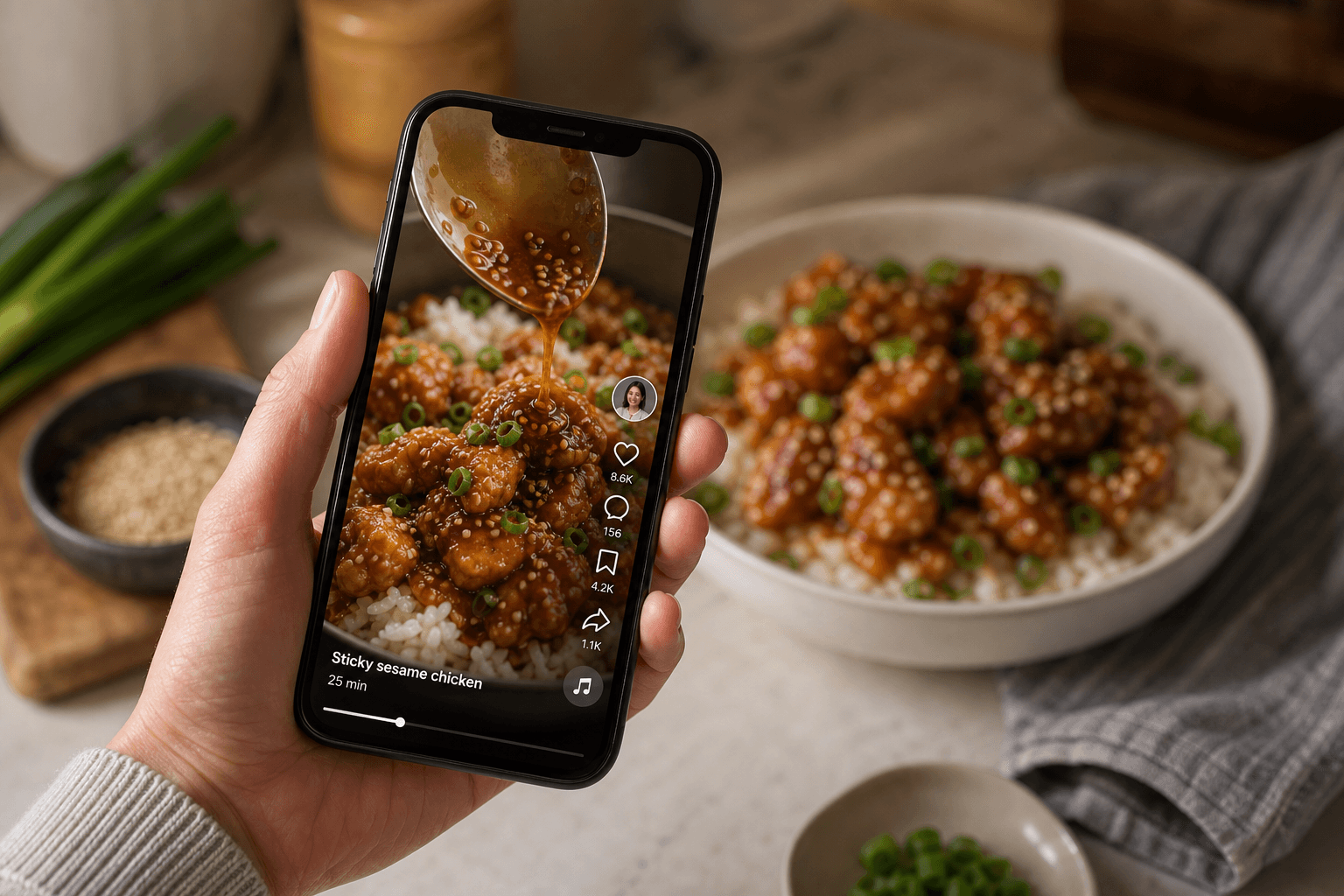 A cooking video playing on a phone