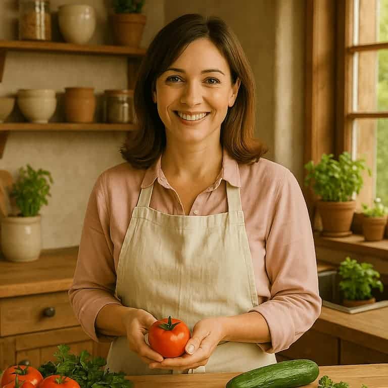 Mia smiling in a cozy, sunlit kitchen, holding a fresh tomato on a wooden counter surrounded by vegetables